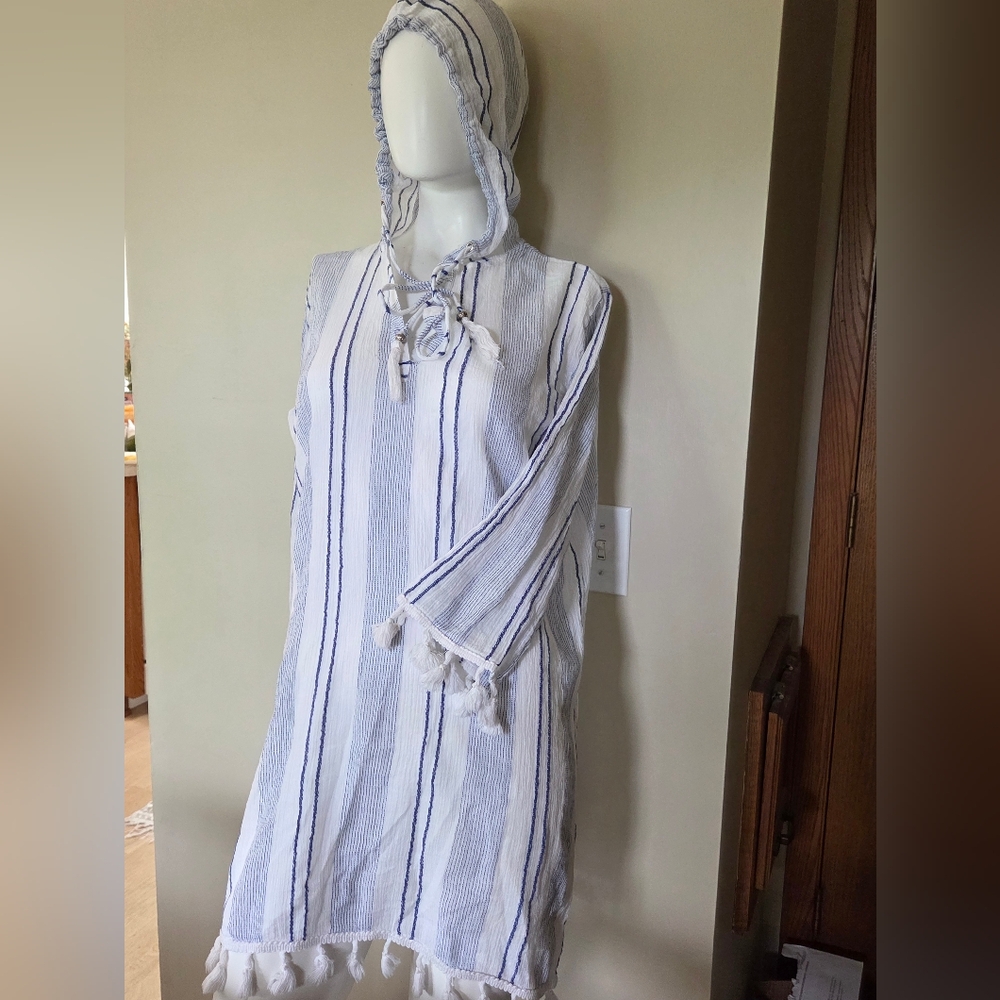 Blue Island Cover Up Tunic Cotton Blue & White Stripes Size M